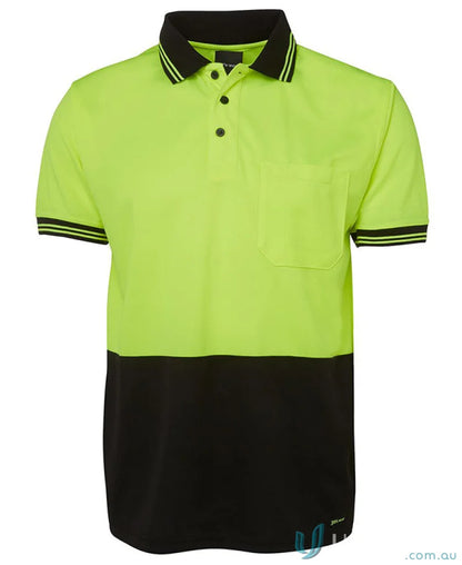 Two-tone safety polo shirt in lime fabric, ideal for 2XS sizes at JBs HiVis S/S Traditional Polo