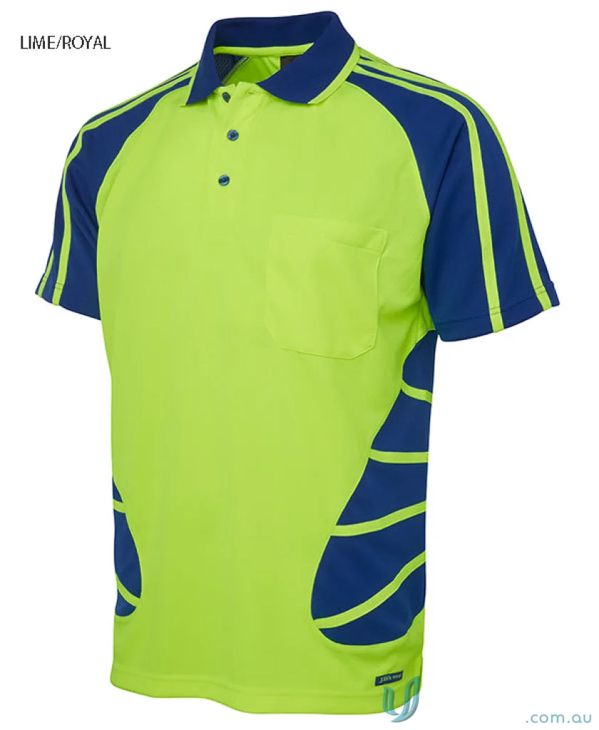 Lime and royal blue JB’s HiVis Spider Polo shirt made with durable fabric for workwear
