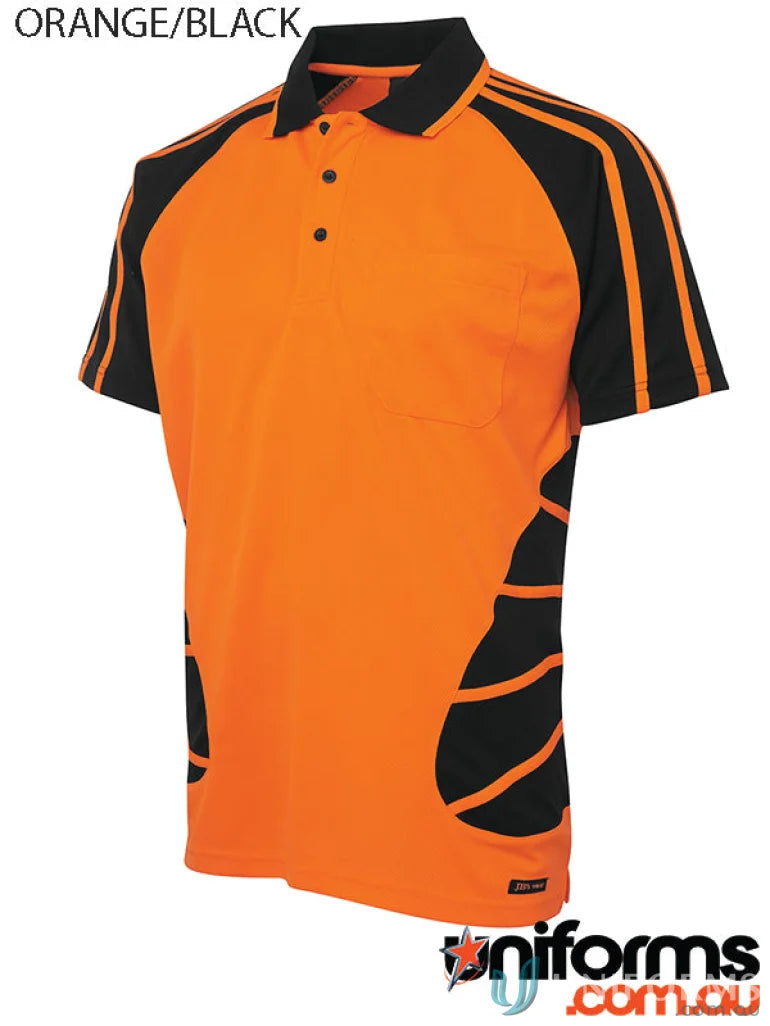 Orange and black JBs HiVis Spider Polo shirt made from durable fabric for workwear and uniforms