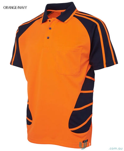 Orange and navy JBs HiVis Spider Polo shirt made from durable fabric for workwear and uniforms