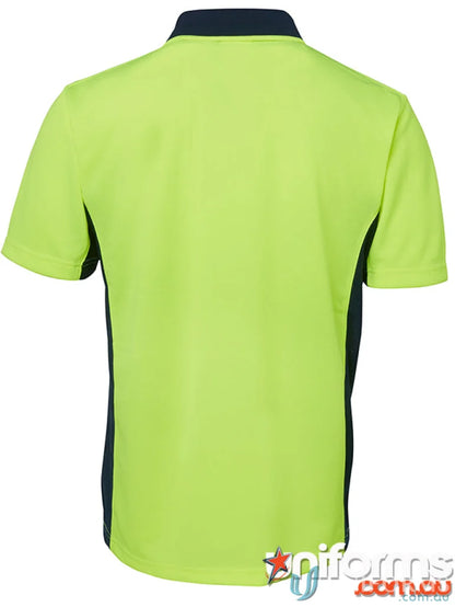 Lime green and navy blue JB’S HiVis Sport Polo fabric ideal for uniforms and workwear