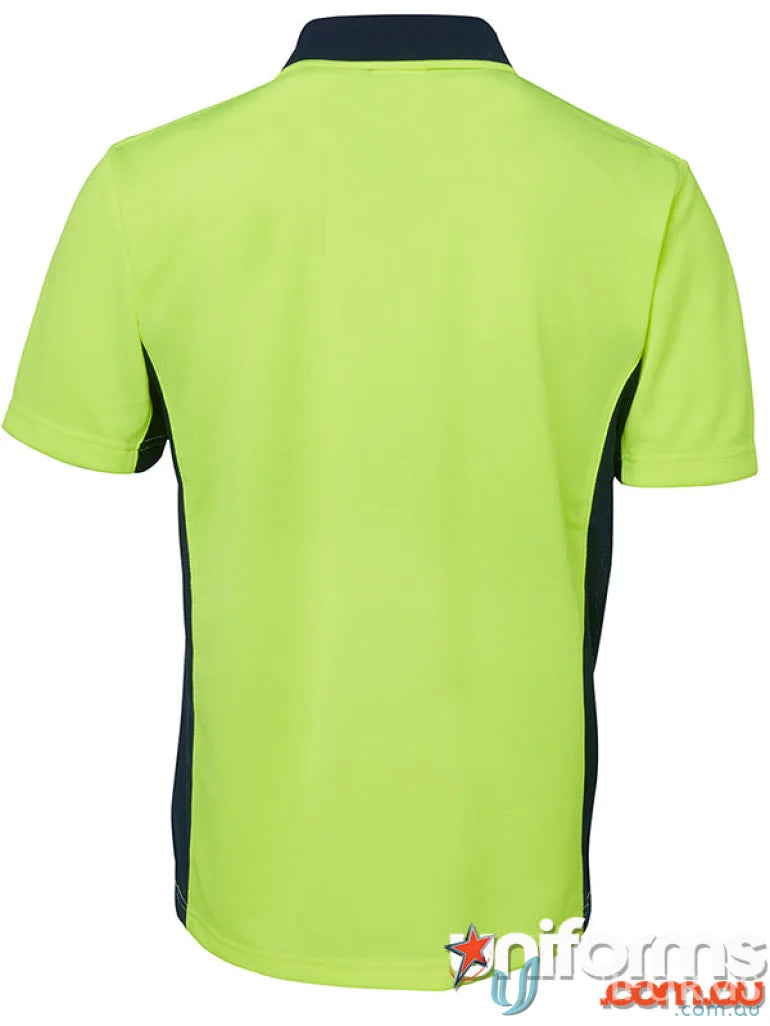Lime green and navy blue JB’S HiVis Sport Polo fabric ideal for uniforms and workwear