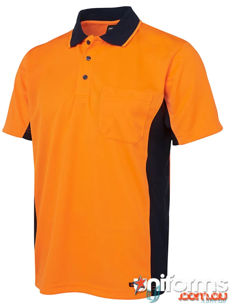 Orange and navy JB’S HiVis Sport Polo shirt made from comfy fabric, perfect for workwear or uniforms