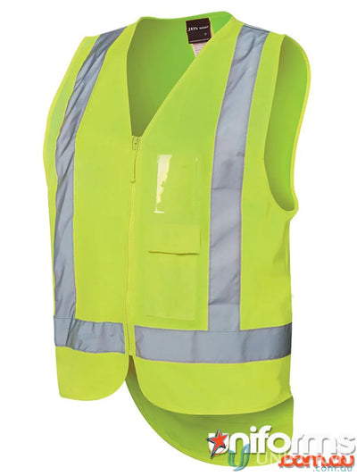High-visibility yellow safety vest with reflective stripes, meets Australian safety standards for work uniforms