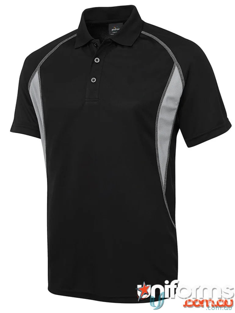 Black JB’s Insert Poly polo shirt with gray side panels and Podium Cool™ moisture-wicking pique knit fabric