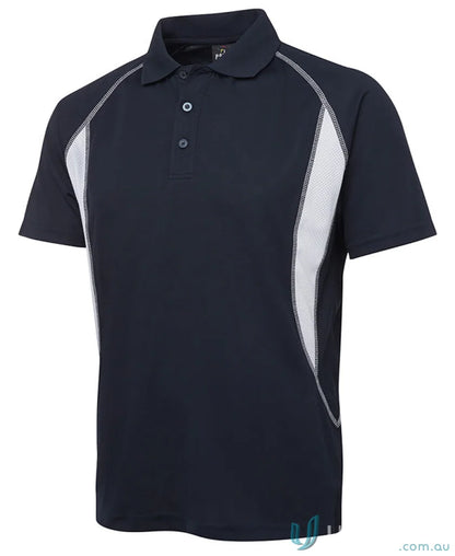 Navy blue JB’s Insert Poly polo shirt with white mesh side panels and podium cool™ moisture-wicking pique knit fabric