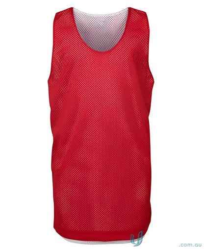 Red and white reversible kids basketball singlet made with 140gsm mesh fabric from JB’S Kids Basketball