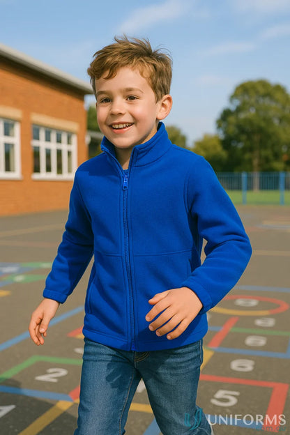 Child wearing JB’s Kids Full Zip Polar jacket in low-pill polar fleece style