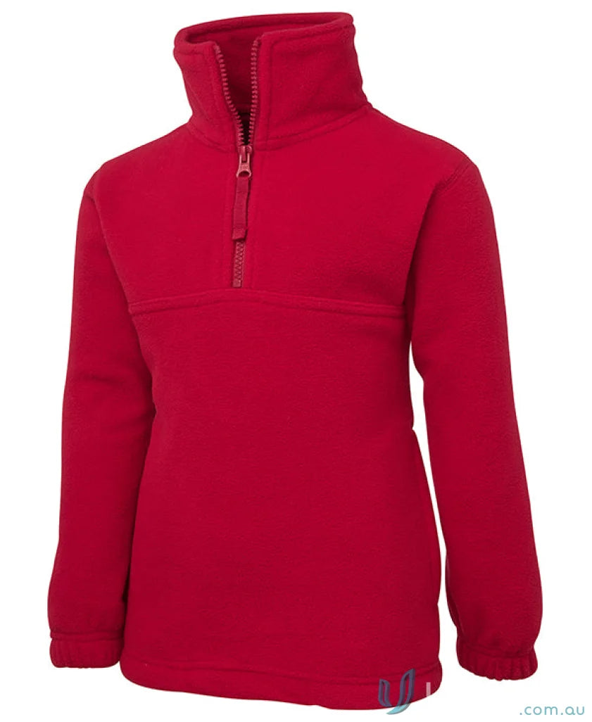 Red fleece pullover for kids with quarter-zip, made of 290gsm polar fleece low-pill