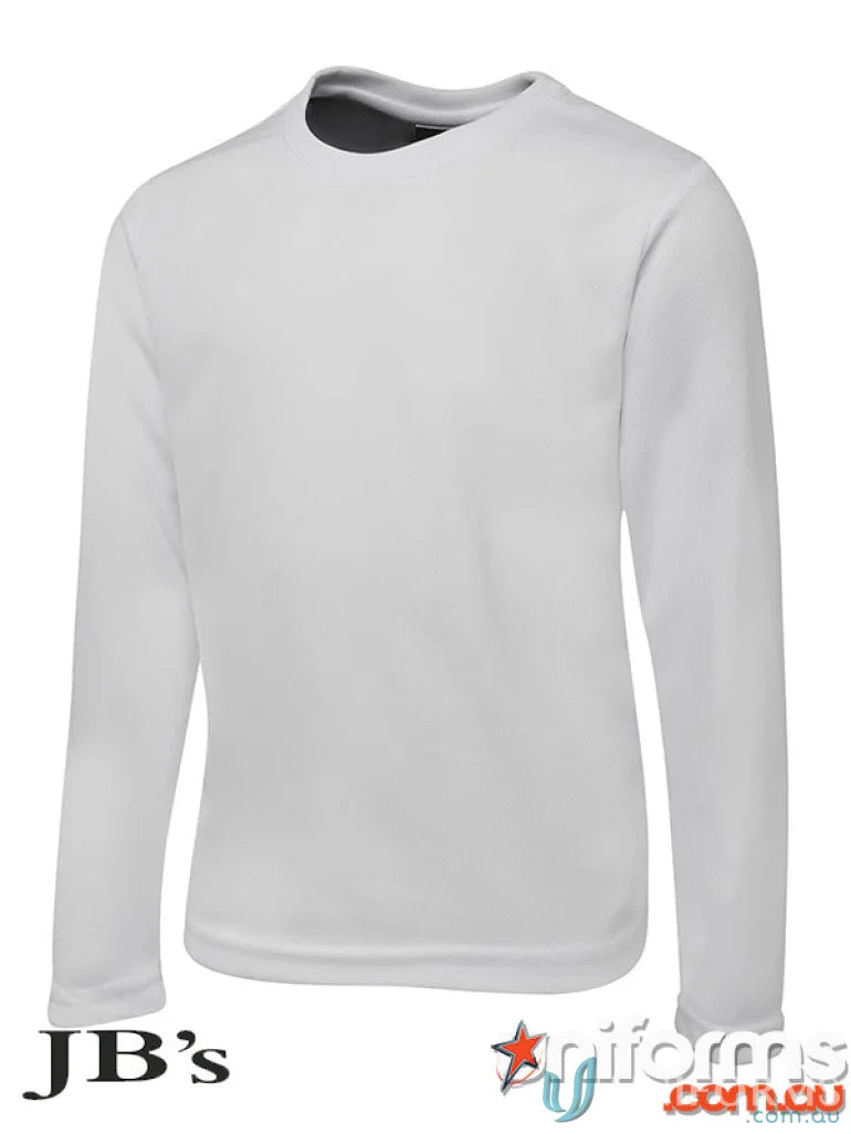 JBs Kids LS Poly Essential Tee white long-sleeved shirt for staying cool and comfy