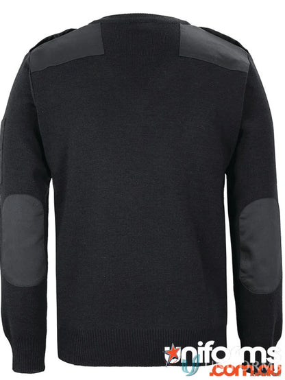 Black military-style knitted epaulette jumper with woven elbow patches and hook-pile tape closures