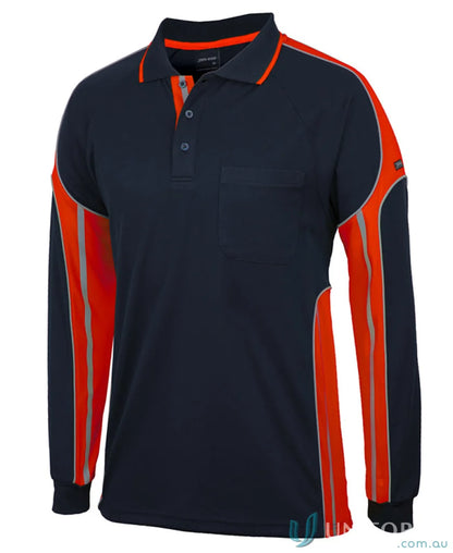 Navy and orange long-sleeved Polo shirt made from durable fabric, perfect workwear or uniforms