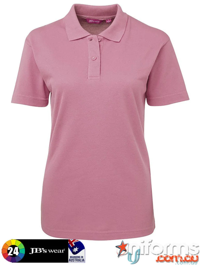 JB’s Ladies mauve short-sleeved polo with knitted collar and UPF protection