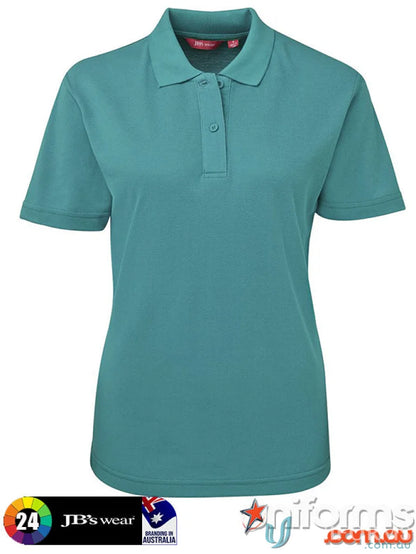 JB’s Ladies teal short-sleeved polo shirt with knitted collar and UPF protection
