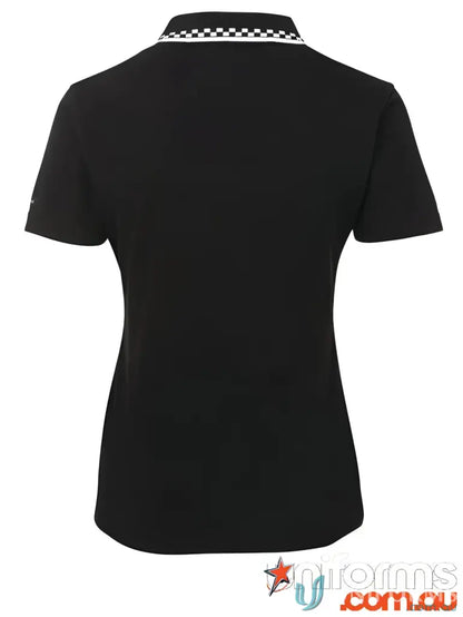 Black jb’s ladies chef polo with checkered collar in 210gsm double pique fabric