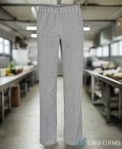 JBS Ladies Chefs black and white checkered elasticated pant with hidden patch pocket