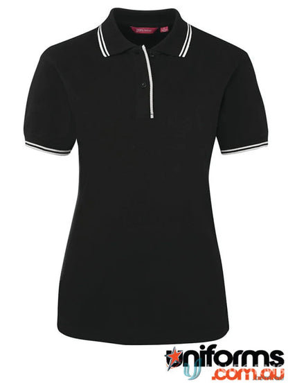 Black polo shirt with white trim from JB’s Ladies Contrast Polo collection, 210gsm pique knit