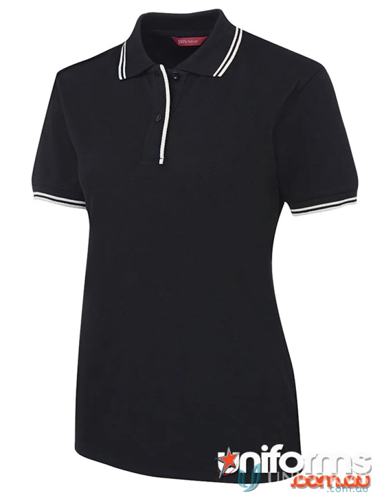 JBs Ladies Contrast Polo featuring black color with white trim in 210gsm pique knit