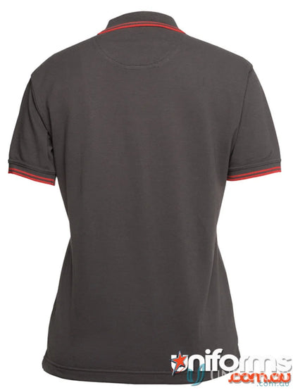 Gray polo shirt with red trim from JB’s Ladies Contrast Polo collection, 210gsm pique knit