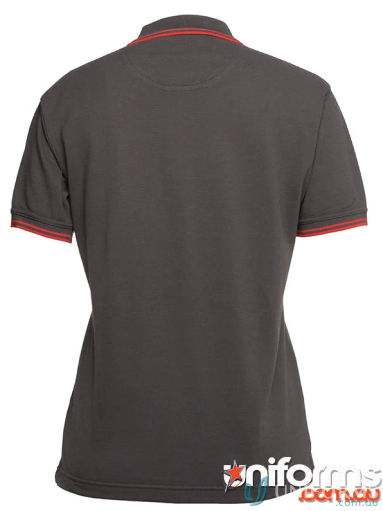 Gray polo shirt with red trim from JB’s Ladies Contrast Polo collection, 210gsm pique knit