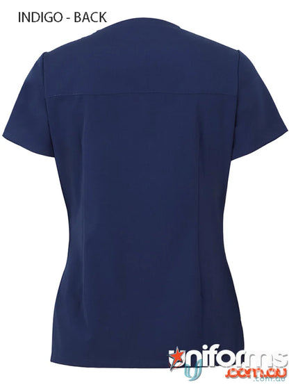 Indigo-colored JB’s Ladies Nu Scrub Top with urban fit and waist dart details