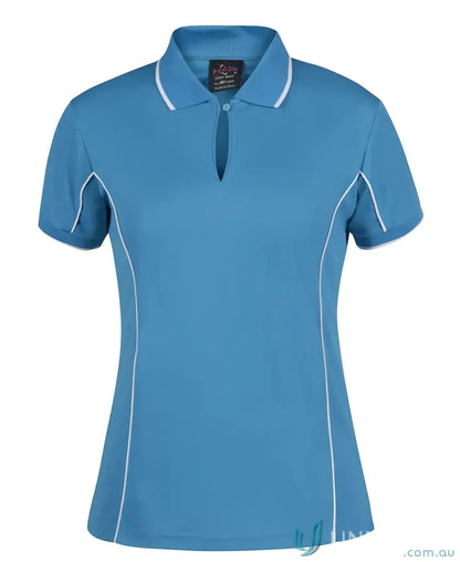 Blue JB’s Ladies Podium piping polo with white trim for staying cool in large sizes