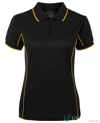 Black JB’s Ladies Podium piping polo 7LPI with gold trim for staying cool