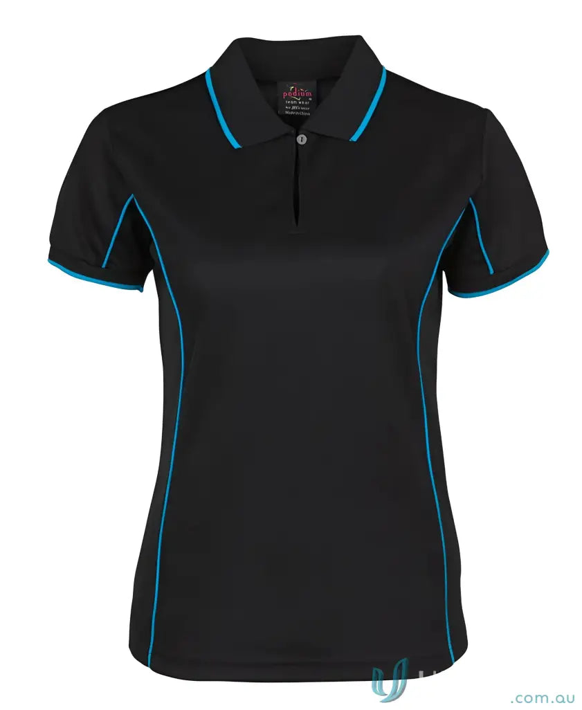 Black JB’s Ladies Podium Piping Polo with blue trim for staying cool and stylish