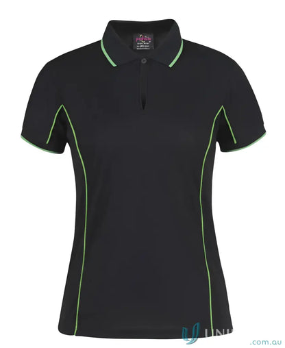 Black JB’s Ladies Podium piping polo 7LPI with green trim, stay cool and stylish