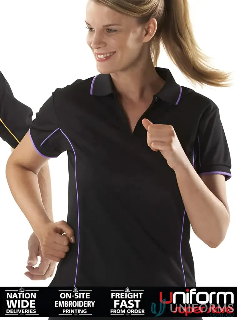 Black JB’s Ladies Podium piping polo 7lpi with purple trim, perfect to stay cool