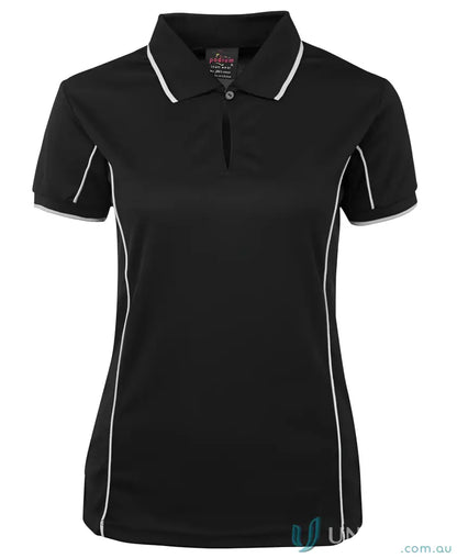 JB’s Ladies Podium piping polo 7lpi black shirt with white trim to stay cool stylishly