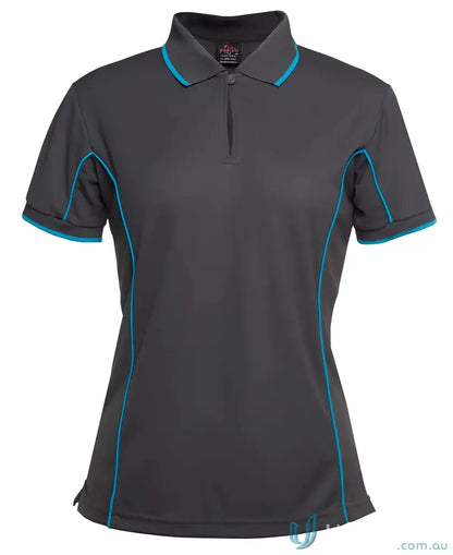 Gray JB’s Ladies Podium piping polo 7LPI with blue trim, perfect to stay cool