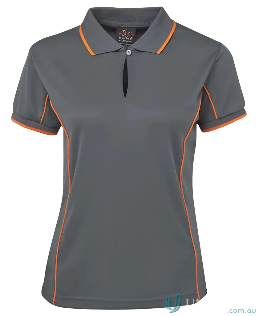 Gray JB’s Ladies Podium Piping Polo with orange trim for staying cool and stylish