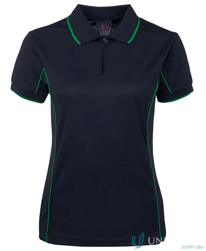 Navy blue JB’s Ladies Podium piping polo 7LPI with green trim to stay cool