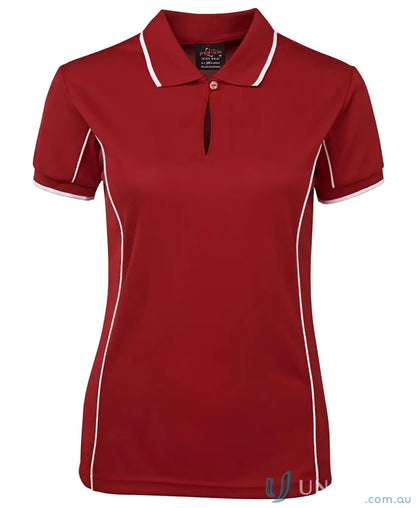 Maroon JB’s Ladies Podium piping polo 7LPI with white trim, perfect to stay cool