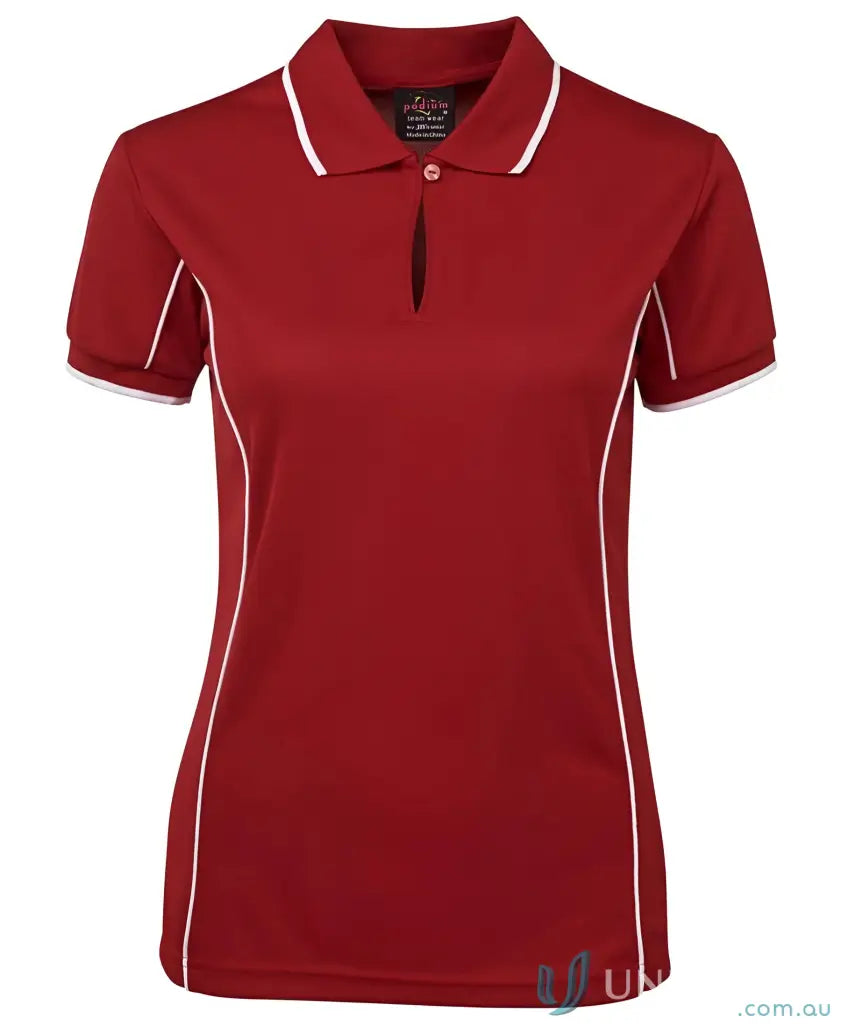 Maroon JB’s Ladies Podium piping polo 7LPI with white trim, perfect to stay cool