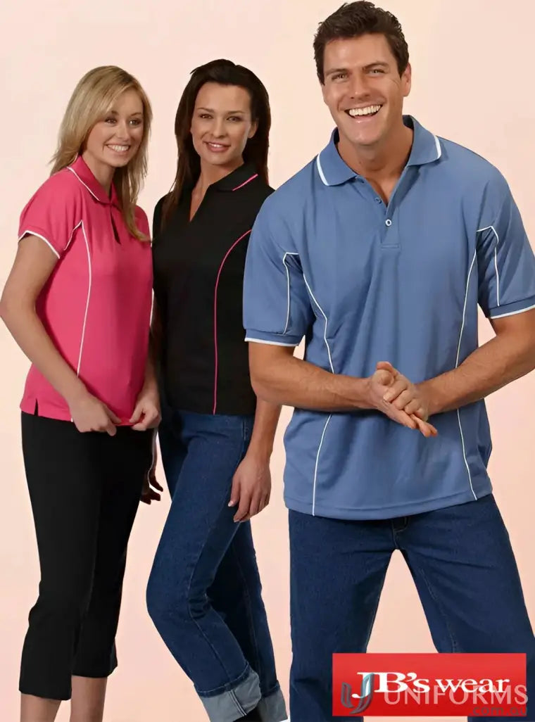 Three people wearing JB’s Ladies Podium Piping Polo, stay cool in stylish polo shirts