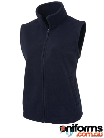 Dark blue JB’s Ladies Polar Vest with full zip, side pockets, made of 290gsm low-pill polar fleece
