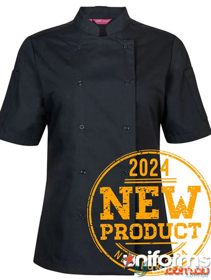 Black short-sleeved snap button chef jacket with dual pen pockets for JBs Ladies S/S
