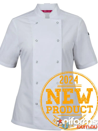 White JBs Ladies S/S Snap Button Chef Jacket with dual pen pockets and snap buttons