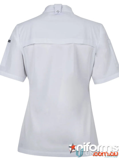 White JB’S Ladies S/S Snap Button Chef Jacket with dual pen pockets