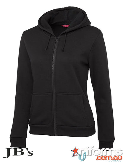 JBS Ladies Zip Hoodie in black with drawstring hood and front pockets for ladies