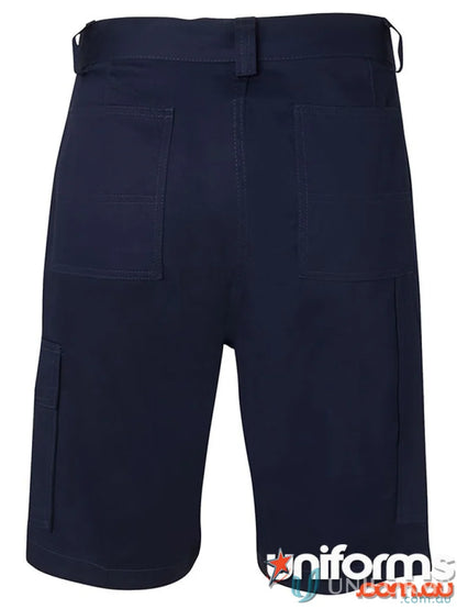 Navy blue cargo shorts with YKK zipper and extra strength technology icon for durability