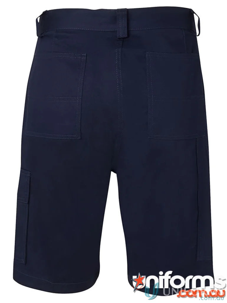 Navy blue cargo shorts with YKK zipper and extra strength technology icon for durability