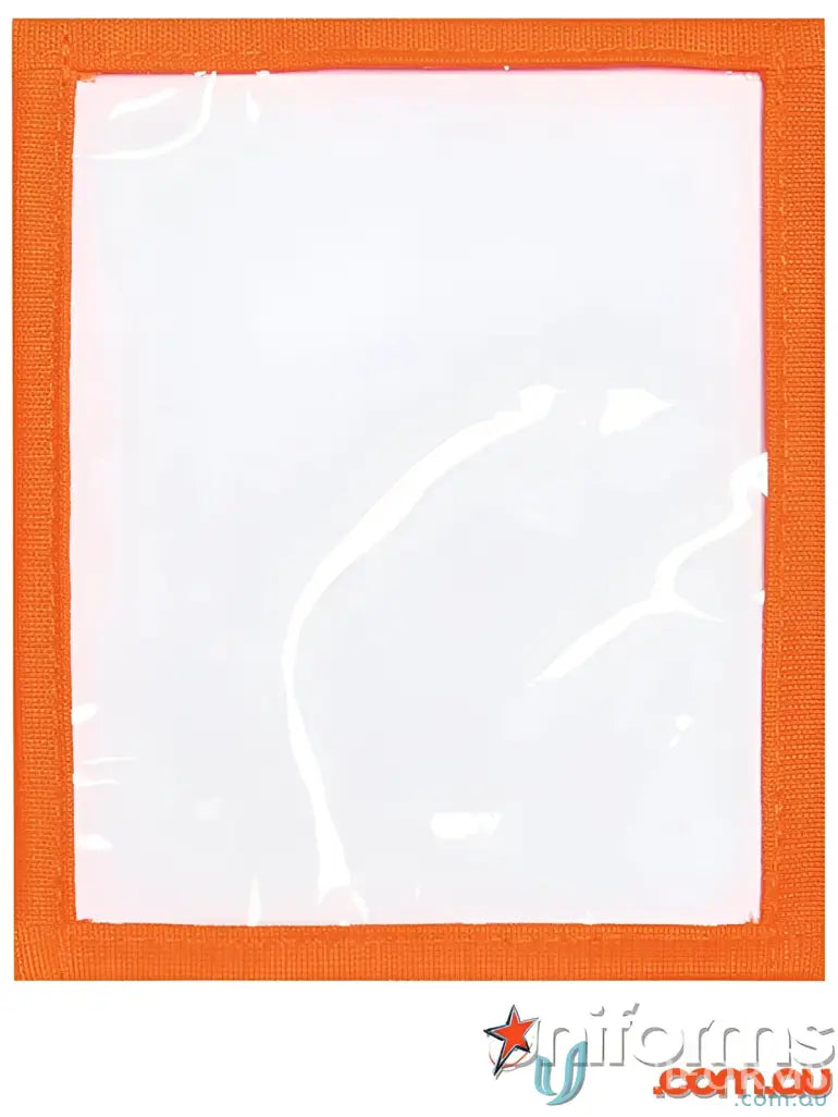 Orange-bordered clear plastic badge holder perfect for work uniforms and workwear