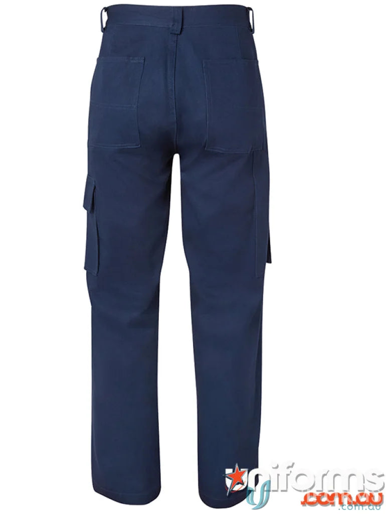 Navy blue cargo pants with multiple pockets, perfect for uniforms or casual wear