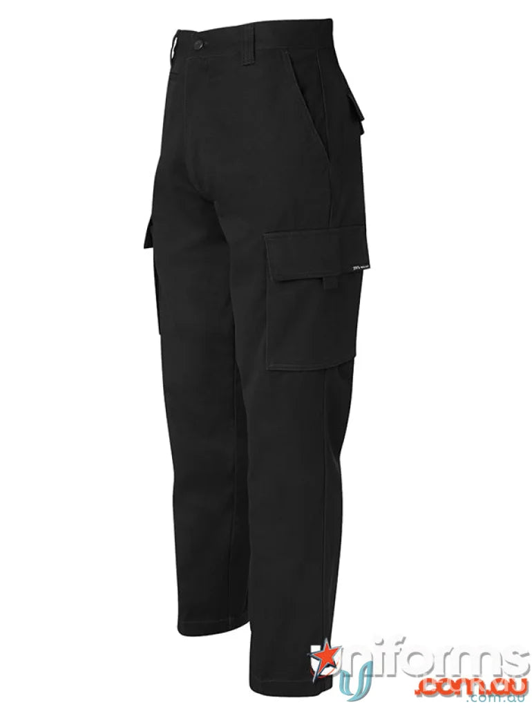 Kids version black cargo pants with secure hook-and-loop tape and tape closure