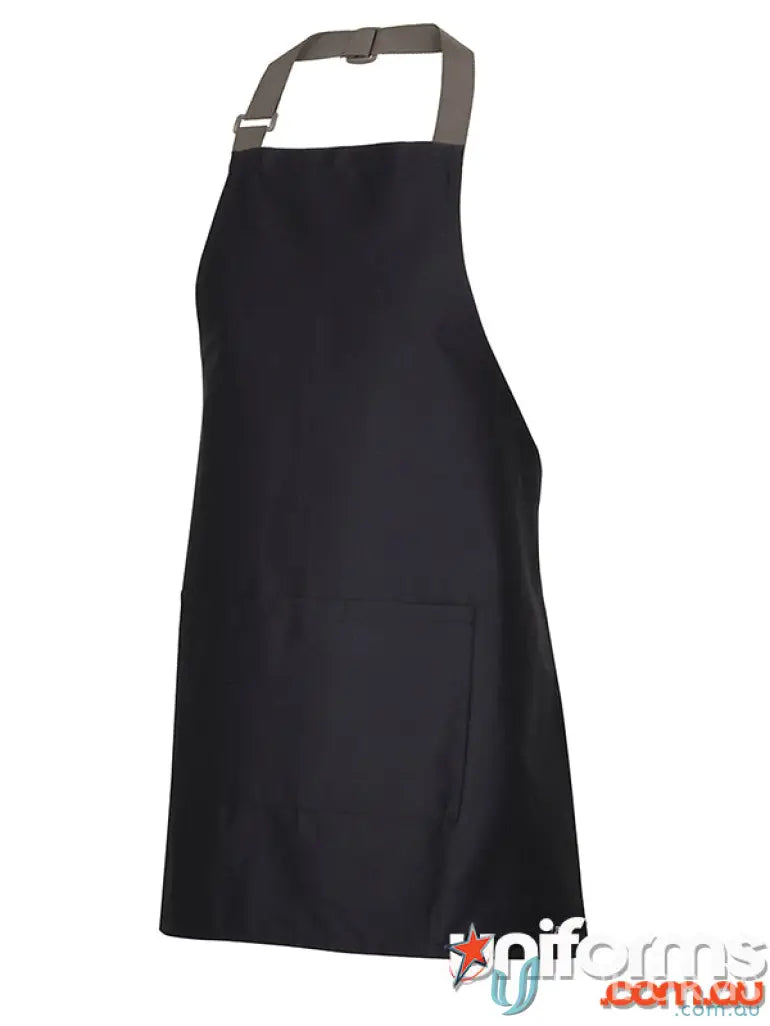 Black mid length apron with gray adjustable neck strap and 3cm wide herringbone detail