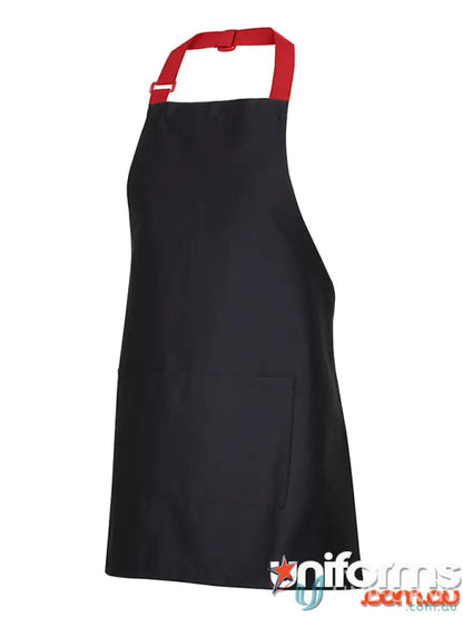 Black mid length apron with red adjustable neck strap and 3cm wide herringbone strap