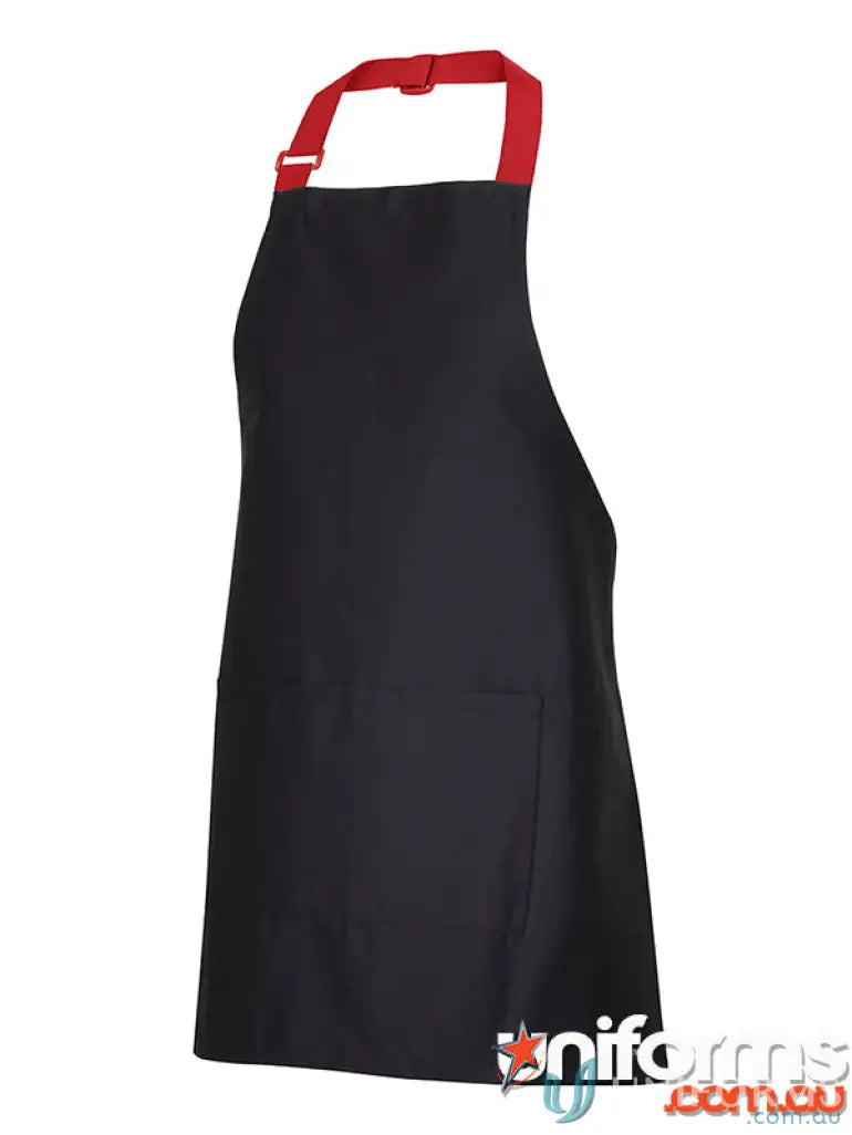 Black mid length apron with red adjustable neck strap and 3cm wide herringbone strap